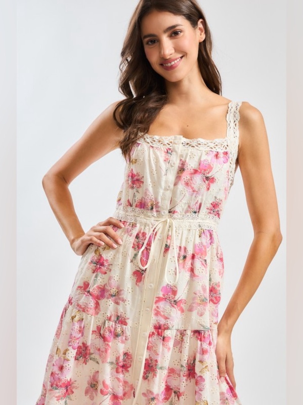 Camellia Pink Floral Lace-Trim Midi Dress - Picture 3 of 3